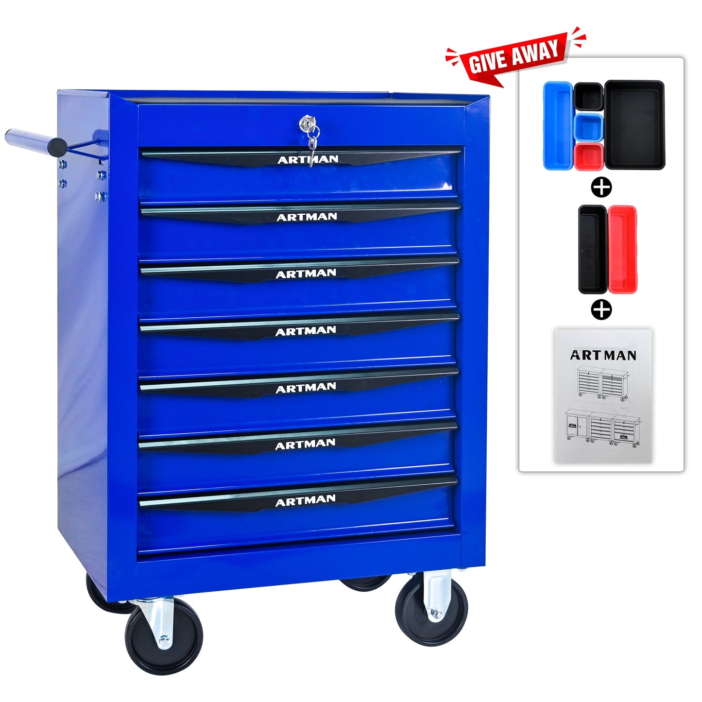 POVANLI 20" 7 Drawer Portable Tool Box with Ball Bearing Drawer Slides,4 Steering Wheels(2 with Parking Brakes),200lbs Load,Steel Tool Chest with Key Locking Tool Organizers,for Garage Workshop(Blue)