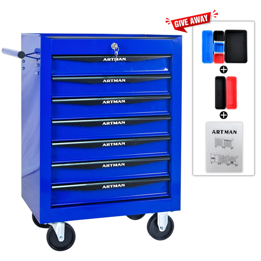 POVANLI 20" 7 Drawer Portable Tool Box with Ball Bearing Drawer Slides,4 Steering Wheels(2 with Parking Brakes),200lbs Load,Steel Tool Chest with Key Locking Tool Organizers,for Garage Workshop(Blue)