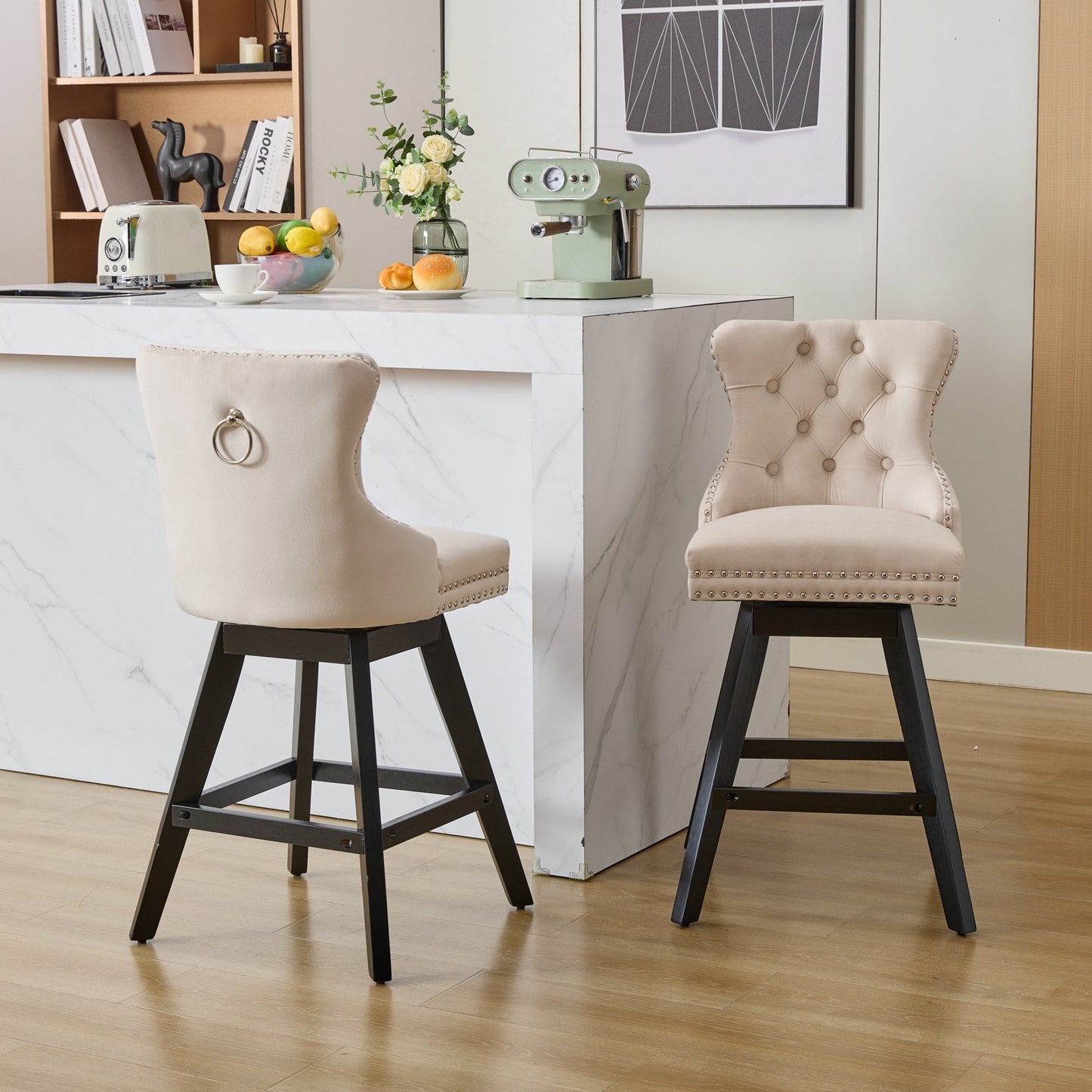 GAKMCIL Velvet Upholstered Swivel Barstools, Wood&Fabric Kitchen Counter Bar Chairs with Button Tufted, Chrome Nailhead Trim, Wooden Legs, 300lbs Load for Home Pub, Kitchen Island (Set of 2, Beige)
