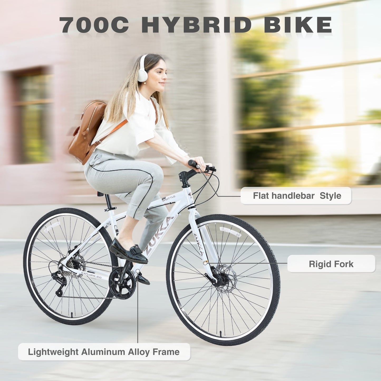 POVANLI 700C Road Bike, 7 Speed Hybrid Bike Aluminum Alloy Frame Double Disc Brakes For men women's City Bicycle, White (Gift)