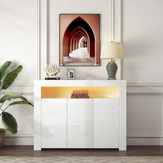 GAKMCIL 51'' Modern Sideboard Cabinet with 16 color Adjustable LED Light, 3 Doors, Credenzas & Living Room Cupboard Cabinet, Storage Display Cabinet for Hallway (White) (51.18"L * 13.78"W * 38.19"H)
