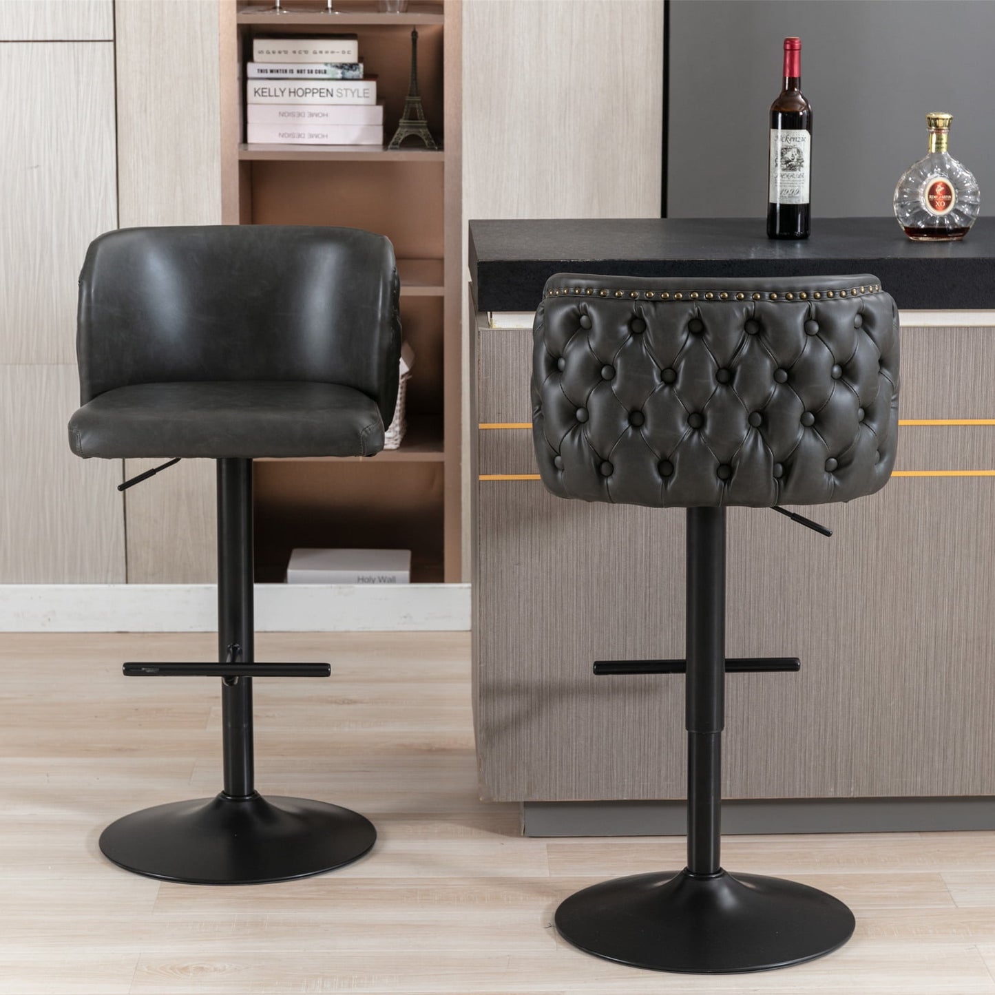 GAKMCIL Modern PU Upholstered Swivel Bar Stools with Adjustable Counter Seat Height, Footrest, Black Metal Chrome Base, Rivets Trim, 300lbs Load for Home Pub, Kitchen Island (Set of 2, Dark Gray)