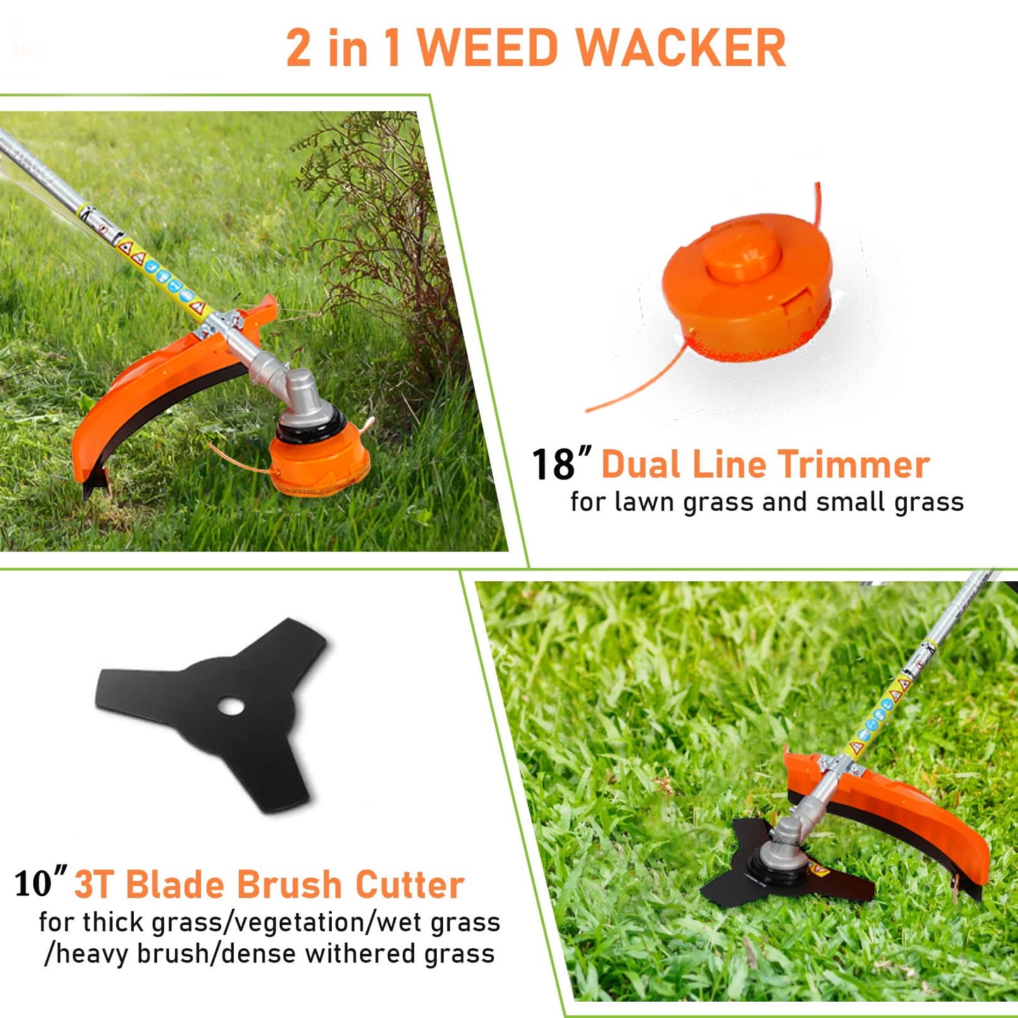 POWANLI 3-In-1 Blower Weed Wacker,52cc Gas Weed Eaters/Weed trimmer,8 inch Weed Wacker Attachments Heads,10" Metal 3T Blade,Rubber Handle,EPA Compliant lawn Mower/String Trimmers