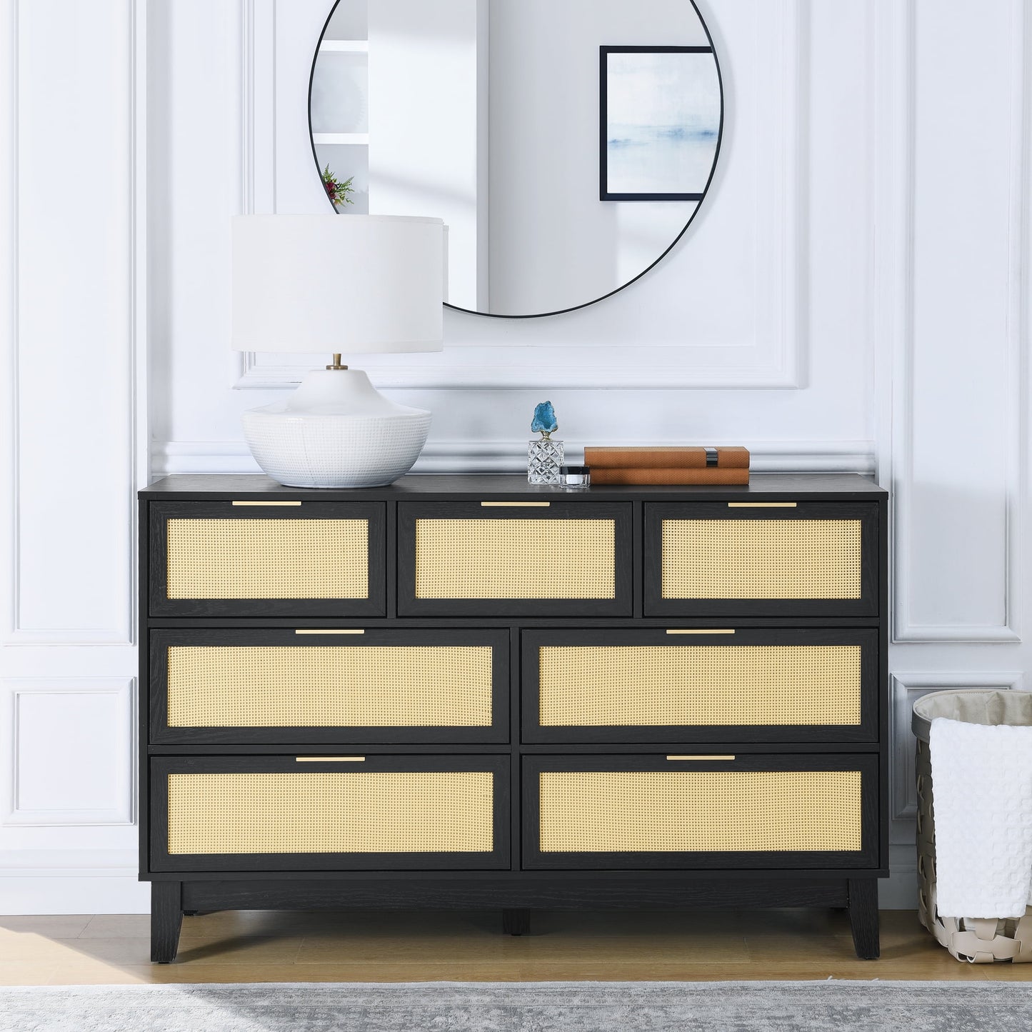GAKMCIL 7 Drawer Rattan Dresser Cabinet,Modern Drawer Dresser with Metal Handles,Farmhouse Wooden Storage Chest of Drawers for Room, Living Room, Hallway, Entrance, Office