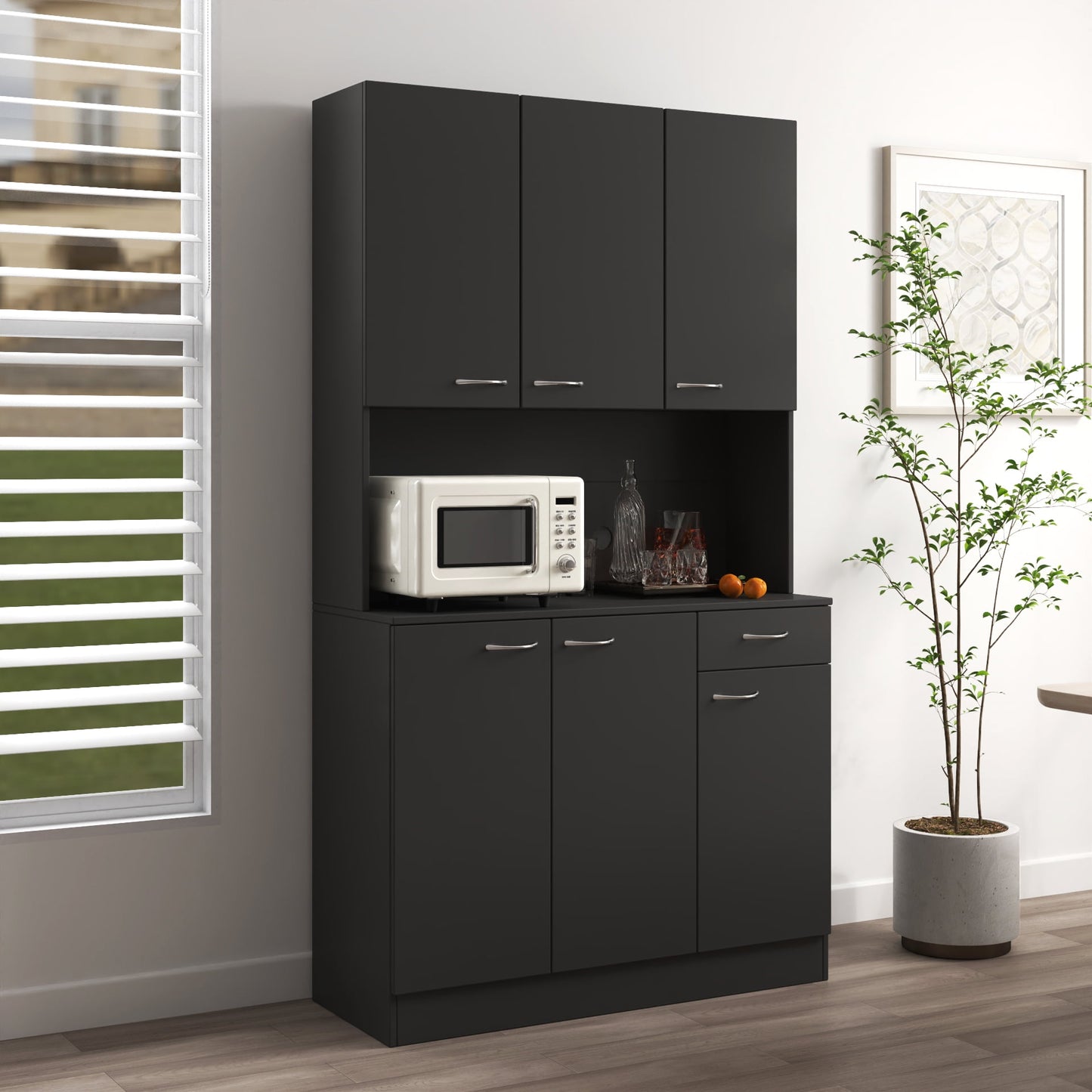 GAKMCIL 70.87" Kitchen Cabinet & Tall Wardrobe, with 6-Doors, 1-Open Shelves and 1-Drawer, Kitchen Fixtures, Easy Clean, Pantry Cabinets, Versatile Storage for Kitchen & Bedroom & Office, Black