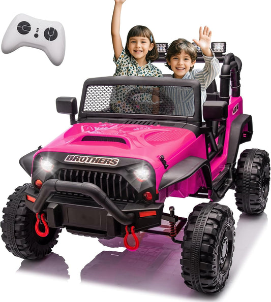 POWANLI 24V 2 Seater Ride on Toys Car for Big Kids, Electric Jeeps Car w/Remote Control, Powerful 2x200W Motor, 3 Speeds Switchable, 4-Wheel Suspension, Music, USB, for Boys and Girls 3-8, Rose Red