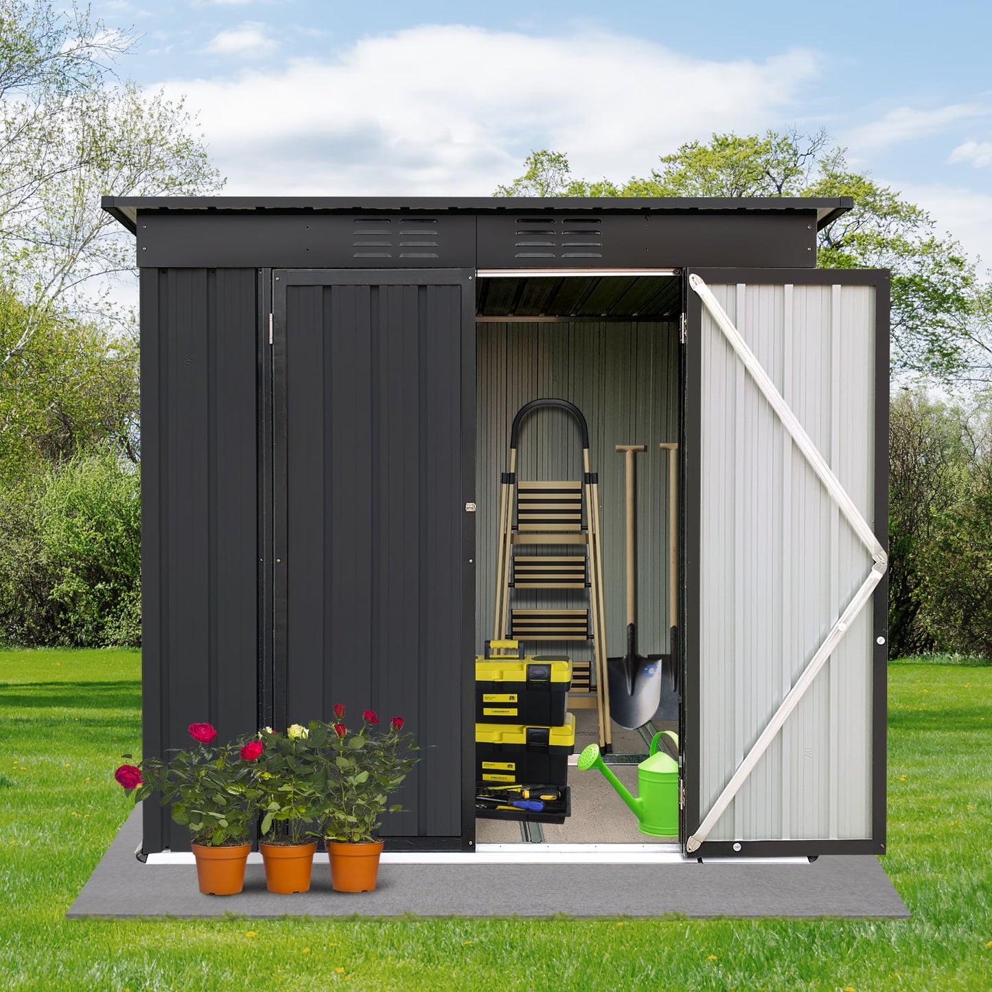 POWANLI 4 x 6 FT Outdoor Metal Storage Shed,Tool Shed,Waterproof Roofs & Lockable Door for Garden, Backyard, Patio, House,black