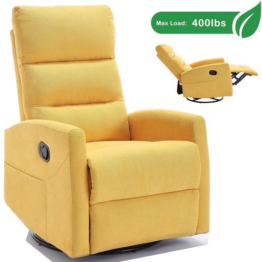 GAKMCIL 360 degree Swivel Manual Recliner Rocking Chair in Fabric with Rocker and Side Pocke, Maximum inclination 155 degrees, Max load 400lb for Living Room, Bedroom, Home Theater, Gift (Yellow)