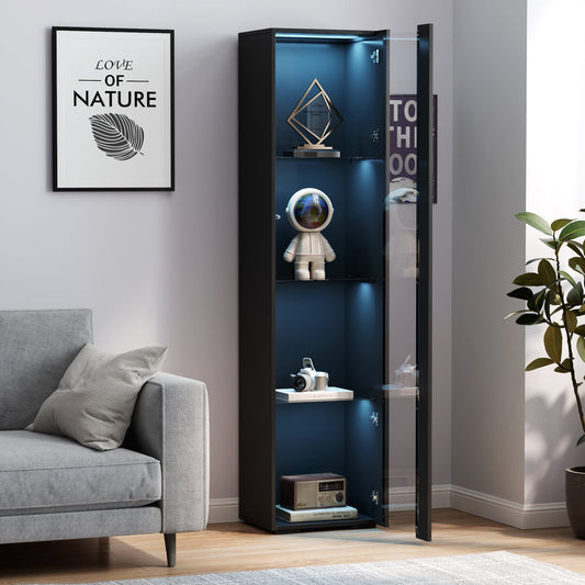 GAKMCIL Side Cabinet with Aluminum Strip Lamp, 4 Shelf Glass Display Cabinets & bookcase with Dimmable LED for Living Room, Bedroom, Office, Large Storage Space (Black) (15.75"L * 11.42"W * 66.93"H)