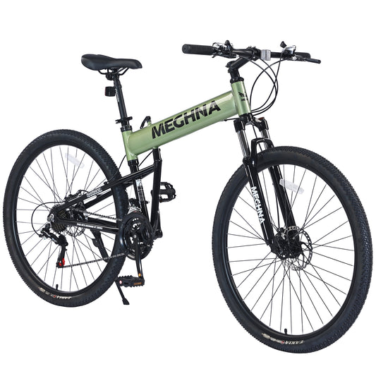 POWANLI 29" Folding Mountain Bike for Mens Womens,Suspension Fork Aluminium Alloy Frame 21Speed Mountain Bike,85% Pre-assembled,for city road/muddy road/snow road/gravel road,Gift(Green)