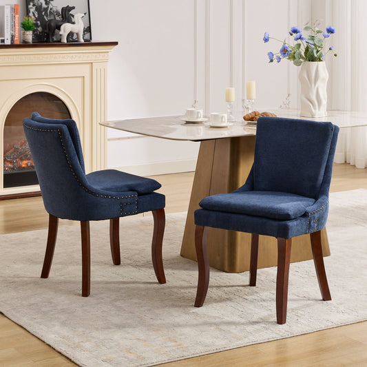 GAKMCIL Modern Chenille Leisure Dining Chairs, Double-layer Upholstered Side Chairs with Mid Back, Nailhead Trim, Solid Wood Legs, 300lb Load for Living Room and Dining Room (Set of 2, Blue)