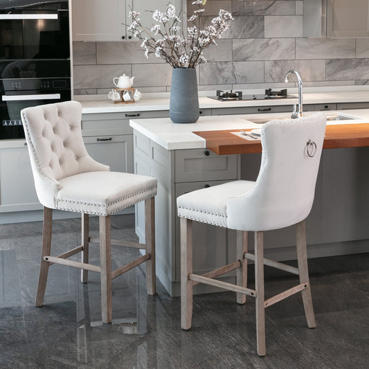GAKMCIL Velvet Barstools, Leisure Upholstered Height Bar Stools (Set of 2) with Button Tufted Decoration, Wooden Legs, Chrome Nailhead Trim, 300lbs Load for Home Pub and Kitchen Island (Beige)