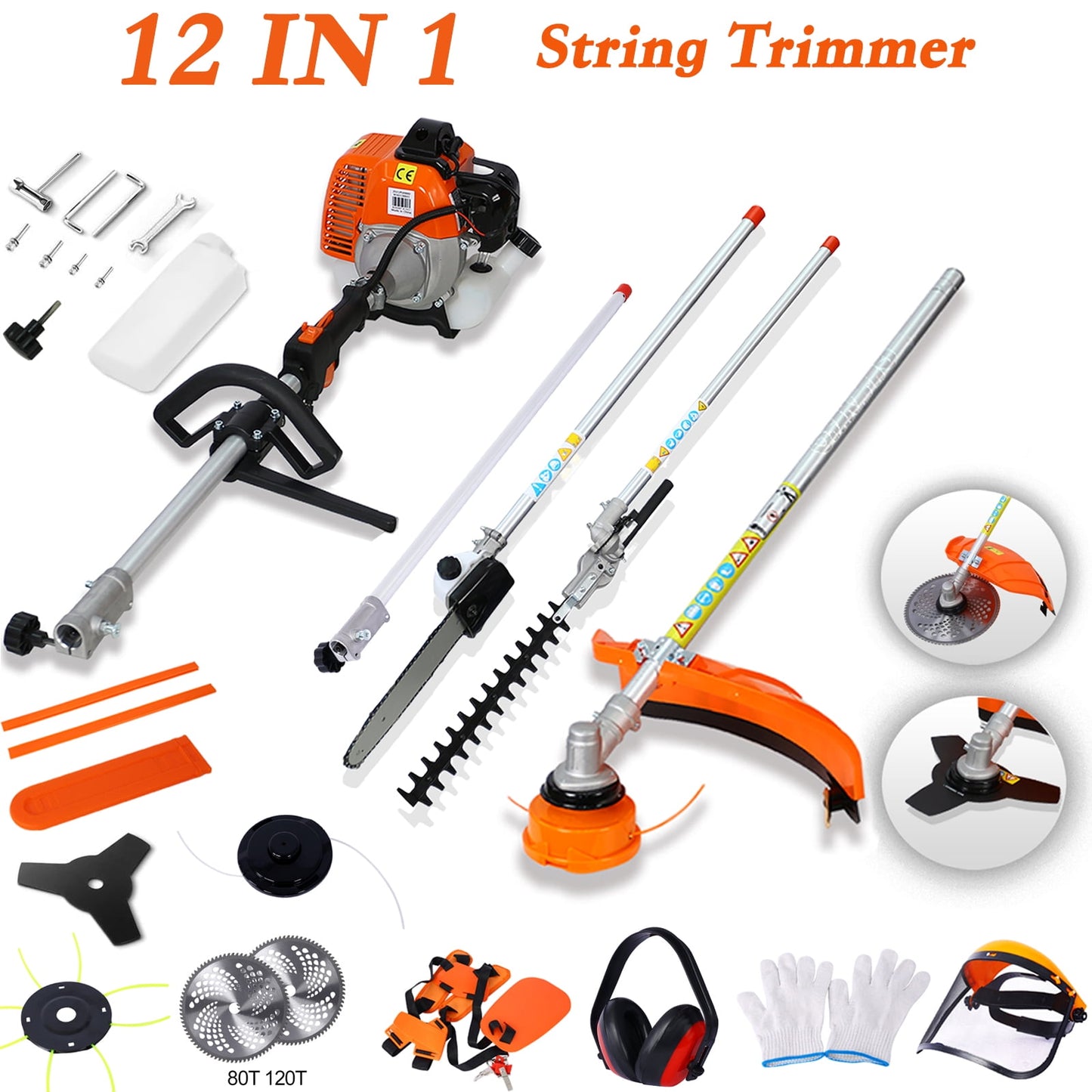 POWANLI 12 in 1 Multi-Functional Trimming Tool,52CC 2-Cycle Garden Tool System with Gas Hedge Trimmer,Gas Pole Saw,Grass Trimmer,Brush Cutter and Pole Saw Chainsaw with Extension Pole