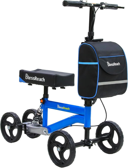 GAKMCIL Foldable Steerable Knee Walker Scooter, Crutches Alternative with Adjustable Seat and Handle Height, Dual Handbrakes, Removable Storage Bag, 300lbs Load for Adult Foot Injury Recovery (Blue)