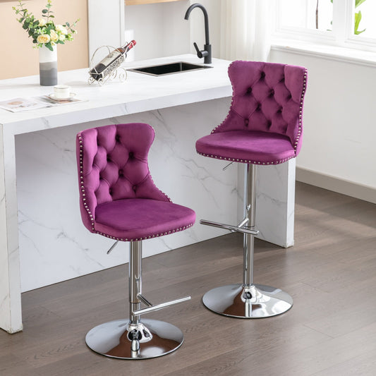 GAKMCIL Swivel Velvet Upholstered Barstools with 25-33in Adjustatble Seat Height, 360°Swivel, Footrest, Chrome base, Comfy Tufted Backs, 300lbs Load for Home Pub, Kitchen Island (Set of 2, Purple)