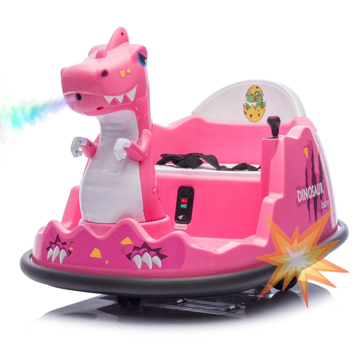 CAMSCH 12V Kids Ride On Electric Dinosaur Bumper Car W/Parents Control,Slow Start,3 Speeds,2WD,Colorful Mist Spray,360°Spin,Safety Anti-Collision Strip,Music,LED Lights for Yr 2-5,Gift(Pink)