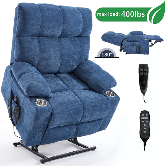 GAKMCIL Large Dual Motor Infinite Position Power Lift Chenille Recliner Chair with Heating and 3 Massage 8 vibrating nodes(back,lumbar,thighs,legs), 3 Timing function, Steel Cup Holders, Gift (Blue)