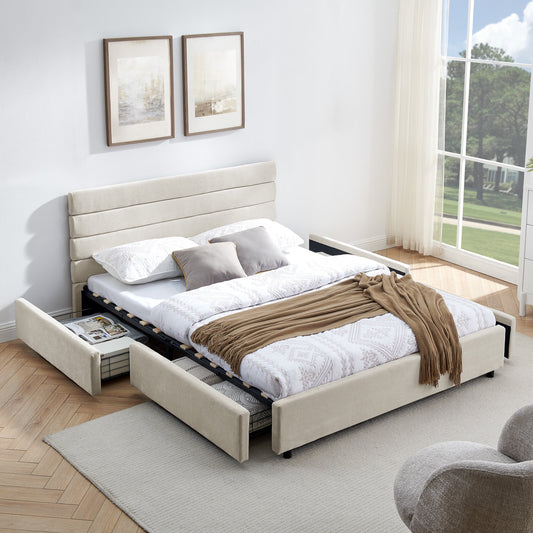 Queen Size Bed Frame with Headboard,Comfortable Cushioned Bed Frame with 4 Drawers,Queen Size Bed for Bedroom, Living Room Beige (85 "x 66" x 36 ")