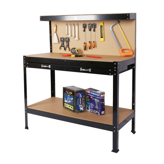 POVANLI 63" Steel Multipurpose Workbench, Wood Work Table, Garage Work Bench, Tool Storage Work Bench Workshop Tools Table W/Drawer and Peg Board, Home Use Wood Worktop for Garage Warehouse Basement