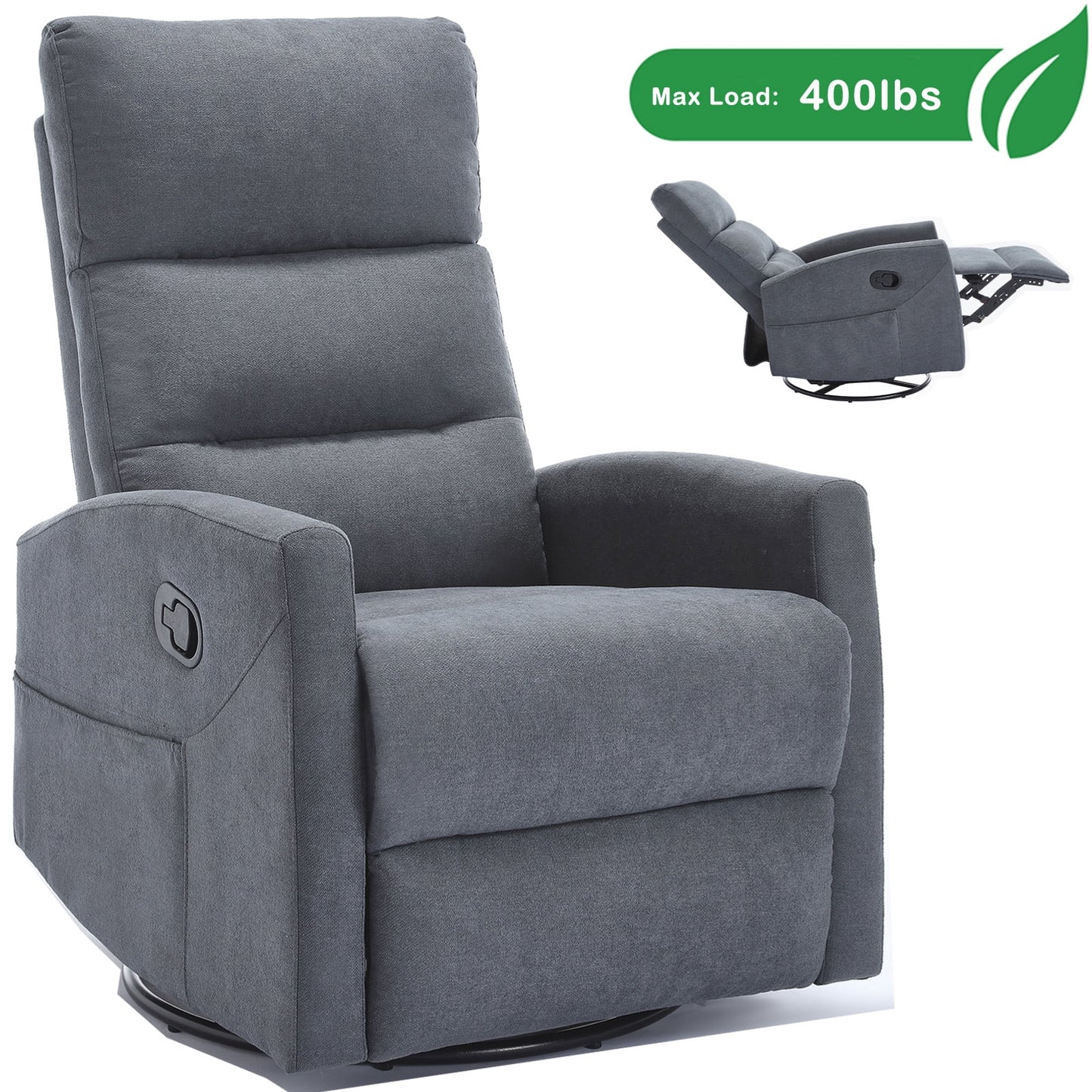 GAKMCIL 360 degree Swivel Manual Recliner Rocking Chair in Fabric with Rocker and Side Pocke, Maximum inclination 155 degrees, Max load 400lb for Living Room, Bedroom, Home Theater, Gift (Dark Gray)