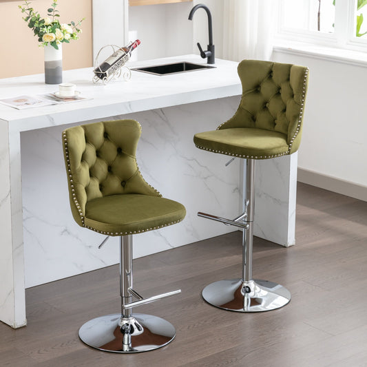 GAKMCIL Swivel Velvet Upholstered Barstools with 25-33in Adjustatble Seat Height, 360°Swivel, Footrest, Chrome base, Tufted Backs, 300lbs Load for Home Pub, Kitchen Island (Set of 2, Olive Green)