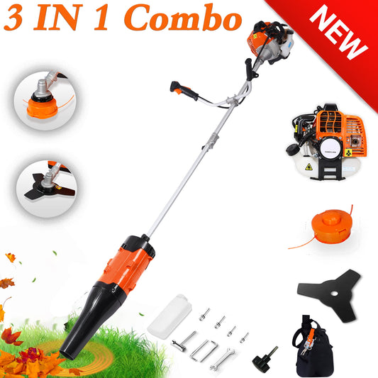 POWANLI 3-In-1 Blower Weed Wacker,52cc Gas Weed Eaters/Weed trimmer,8 inch Weed Wacker Attachments Heads,10" Metal 3T Blade,Rubber Handle,EPA Compliant lawn Mower/String Trimmers