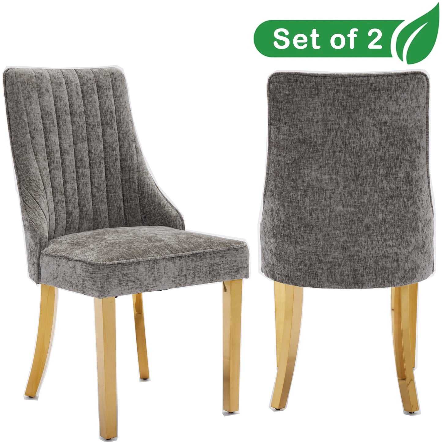 GAKMCIL Chenille Dining Chairs (Set of 2), Tufted Kitchen Dinner Chair Comfy Fabric Upholstered Accent Chair for Dining Room with Golden Stainless Steel Plating Legs, Weight Capacity:300lb (Gray)