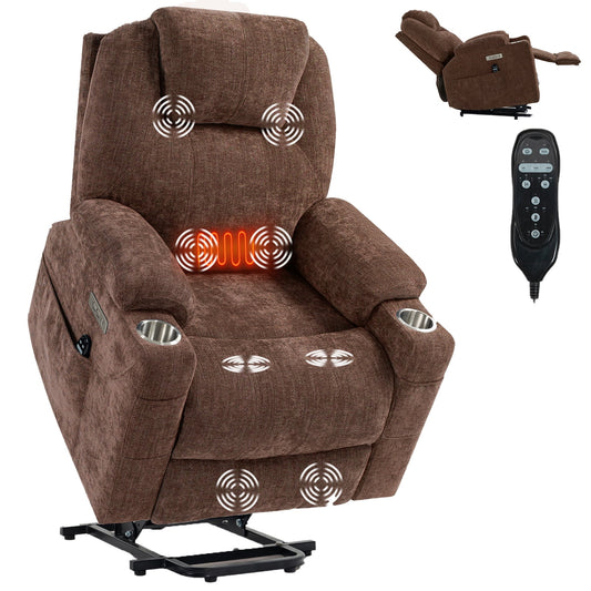 GAKMCIL Chenille Power Lift Recliner Chair with Heating and 3 Massage 8 vibrating nodes(back,lumbar,thighs,legs),Timing function,USB & Type-C Ports,Cup Holders,Remote Control,Up to 400 LBS,Gift,Brown