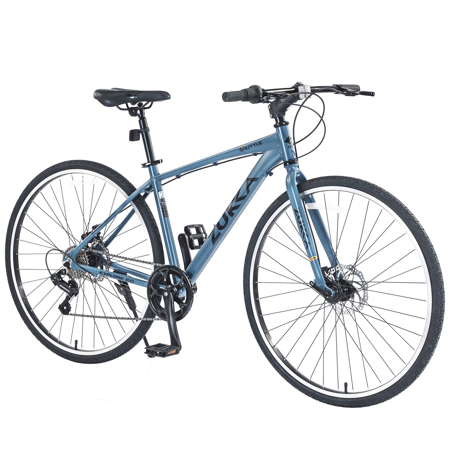 POVANLI 700C Road Bike, 7 Speed Hybrid Bike Aluminum Alloy Frame Double Disc Brakes For men women's City Bicycle, Blue Gray (Gift)