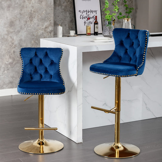 GAKMCIL Swivel Velvet Upholstered Barstools with 25-33in Adjustatble Seat Height, 360°Swivel, Footrest, Golden Chrome base, Comfy Tufted, 300lb Load for Home Pub, Kitchen Island (Set of 2, Blue)