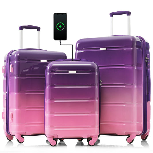 POWANLI 3Piece Luggage Set, 20" Suitcase with USB Port,Carry-on Luggage with Cup Holder, ABS+PC Hard Shell Luggage with Spinner Wheels Purple and Pink