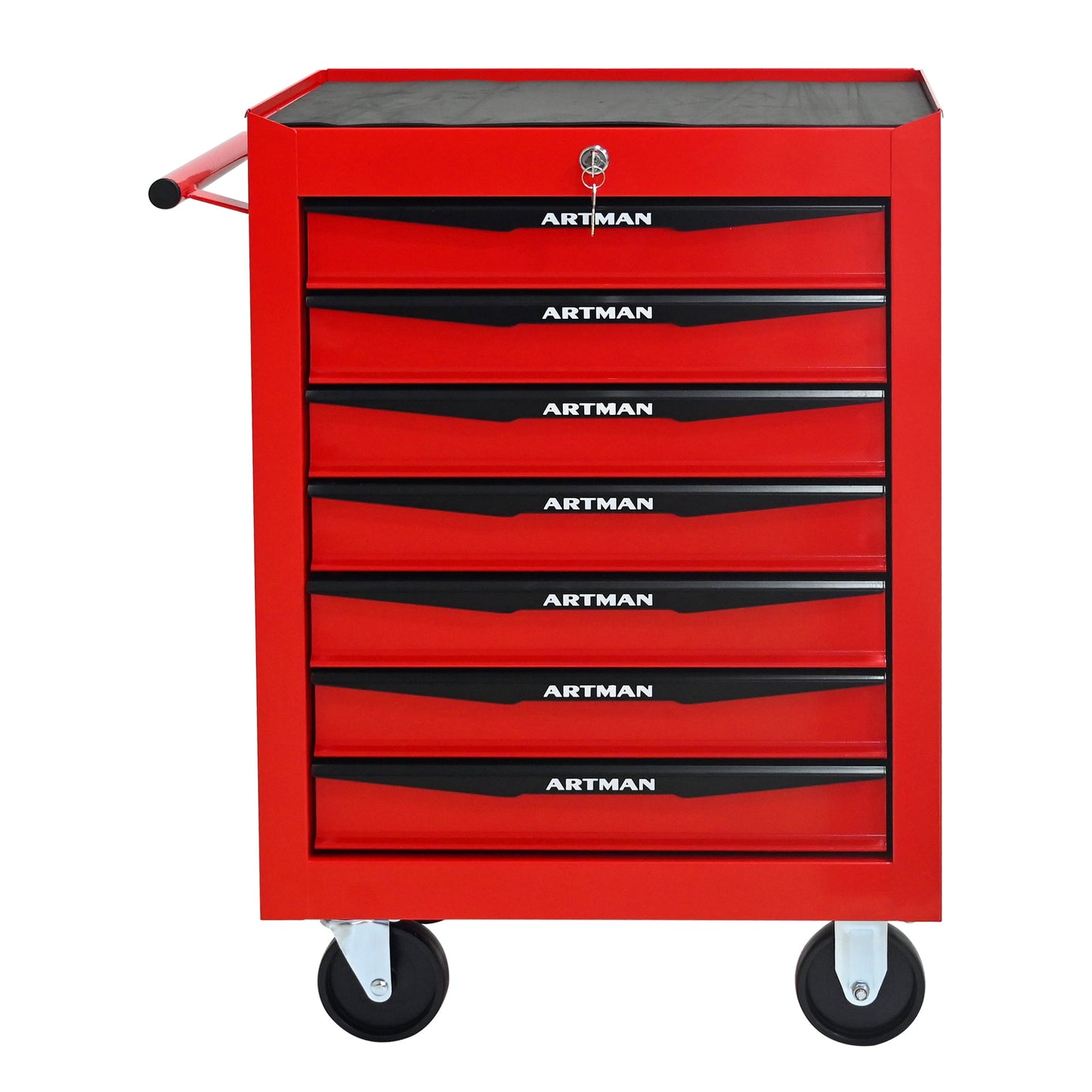 POVANLI 7 Drawers Portable Tool Cart with Key Locking, Ball Bearing Drawer Slides and 4 Steering Wheels (2 with Parking Brakes), Steel Tool Box, 200lbs Load for Garage, Workshop and Repair Shops (Red)