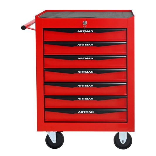 POVANLI 7 Drawers Portable Tool Cart with Key Locking, Ball Bearing Drawer Slides and 4 Steering Wheels (2 with Parking Brakes), Steel Tool Box, 200lbs Load for Garage, Workshop and Repair Shops (Red)