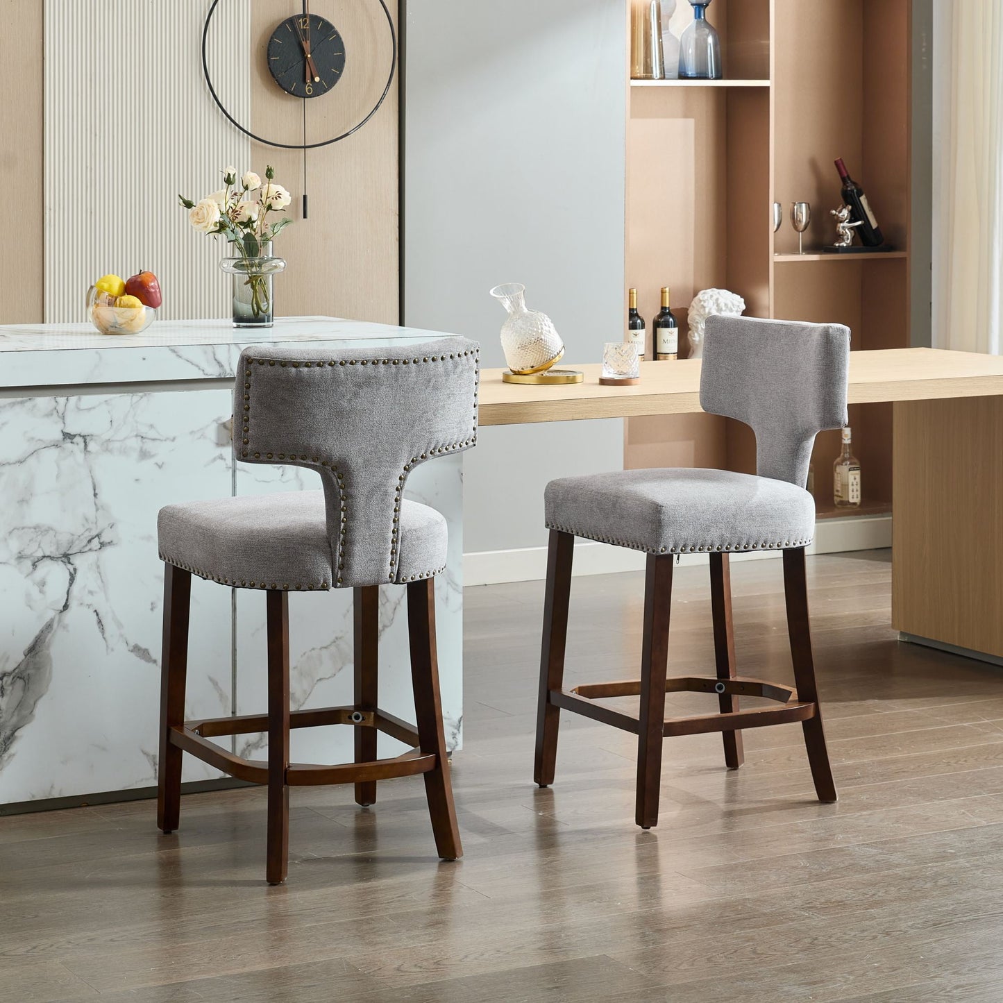 GAKMCIL Farmhouse Linen Fabric Upholstered Barstools with Curved Backrest, Copper Nails around, Hardwood Frame, Weight Capacity 300lbs for Home Pub and Kitchen Island (Set of 2, Gray)