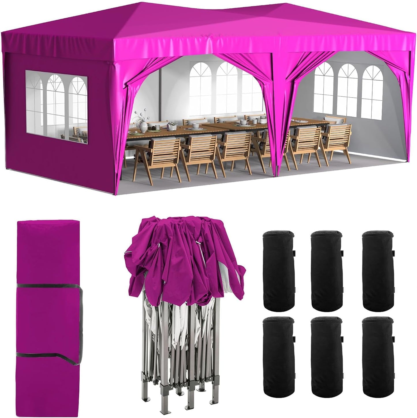 Powanli 10'x20' EZ Pop Up Canopy Outdoor Portable Party Folding Tent with 6 Removable Sidewalls + Carry Bag + 6pcs Weight Bag Pink