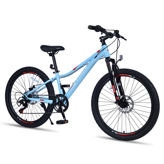 POVANLI 24 Inch Mountain Bike 6 Speed Suspension Fork,Inflatabll Rubber Tires,Aluminum Alloy Rim,Steel Frame,Dual Disc Brake,Suitable for commuting to school and city riding,Gift(Yr 9-12)(Blue)