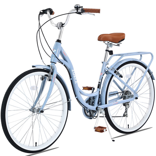 POVANLI 24" Lady Bike with 7 Speed Adjustment,Steel Frame Ladies Bicycle for 10+Years Old Blue