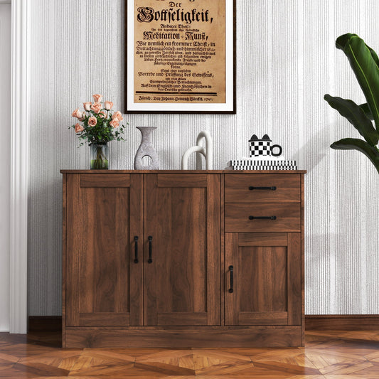 GAKMCIL 43.3" Modern Wood Buffet Sideboard with 1 movable shelves, 2 drawers & 3 doors, Entryway Serving Storage Cabinet for Living Room Bedroom Kitchen (Walnut) (43.30"L * 15.75"W * 31.10"H)