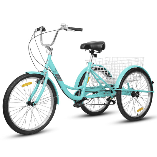 POVANLI 24 Inch Adult Tricycles, 7 Speed Trikes with Low Step-Through and Shopping Basket, 3 Wheeled Bicycles for Adults, Women, Men, Seniors Gift(Blue)