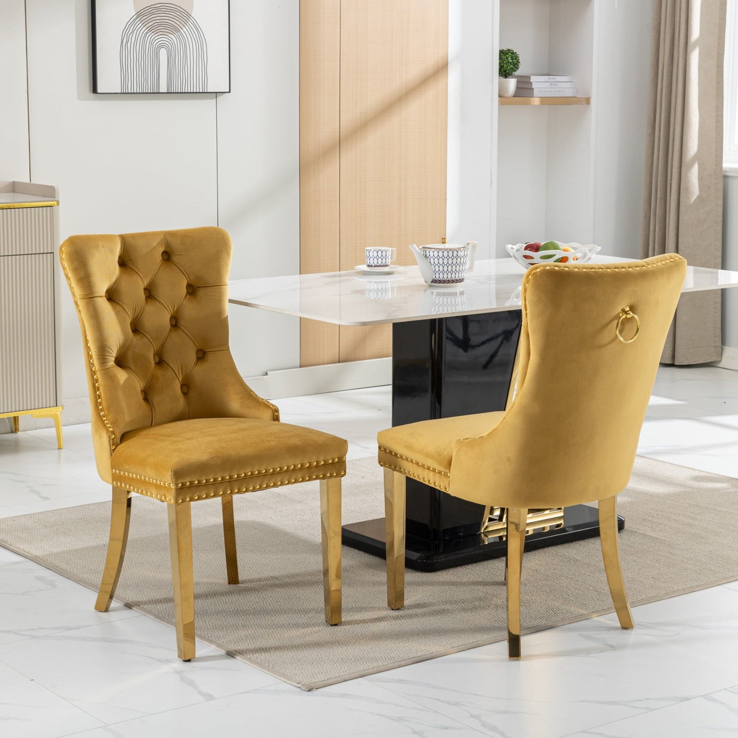 GAKMCIL Velvet Dining Chair, Tufted Button Padded Chairs (Set of 2) with Nailhead Trim and Golden Stainless Steel Plating Solid Wood Legs, 300lb Load for Dining Room and Kitchen (Gold)