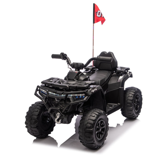 POWANLI 24V Kids Ride on Electric Toy Off-Road Car with Slow Start, 2WD, Decorative Flags, Multi-Color Lights, Volume Control, Bluetooth, MP3, USB, Maximum Load 66.1lbs for 3-6 Children Gift (Black)