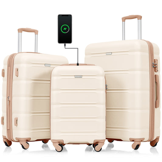 POWANLI 3Pcs Luggage Set, 20" Suitcase with USB Port,Carry-on Luggage with Cup Holder, ABS+PC Hard Shell Luggage with Spinner Wheels Beige+Gold