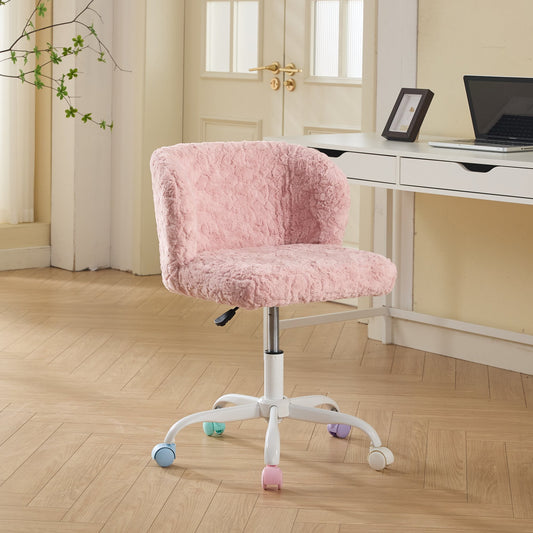 GAKMCIL Artificial Alpaca Wool Home Office Chair, Ergonomic Desk Chair, Vanity Chair with 360 ° Swivel, Arm, White Metal, Chassis can be Tilted 40°, 300lb Load for Study, Office, Bedroom (Pink)
