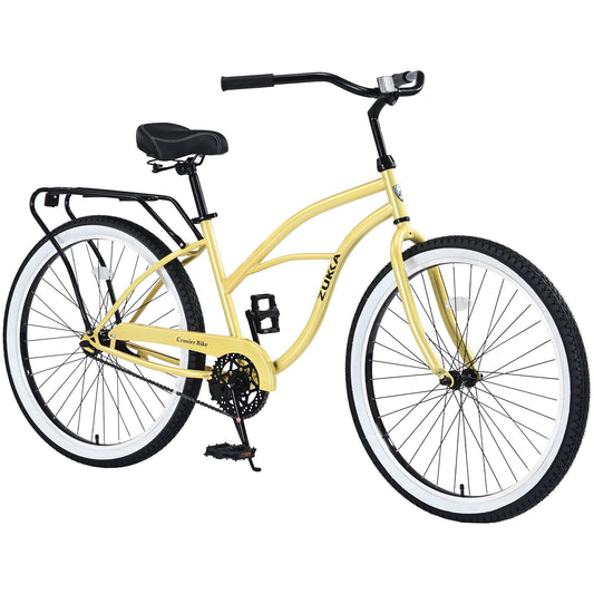 POVANLI 26inch Cruiser Bikes,Steel Frame Single Speed Bicycles Suitable for teenagers aged 13 and above and adults,Wide Wheels for Stability, Rear Coaster Brakes,85%Assembled,Gift(Yellow)