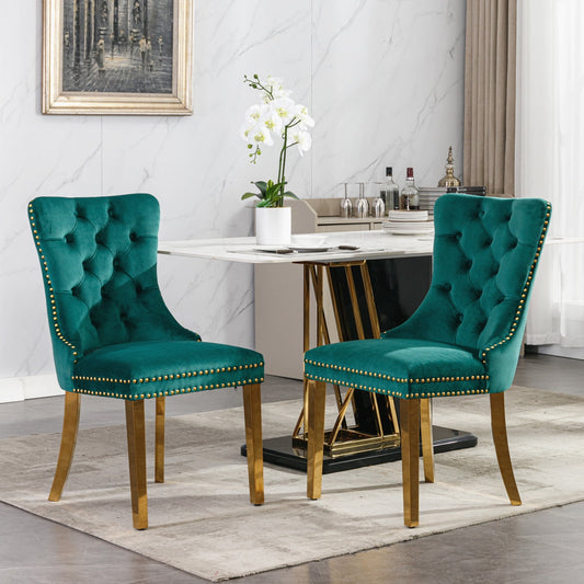 GAKMCIL Velvet Dining Chair, Tufted Button Padded Chairs (Set of 2) with Nailhead Trim and Golden Stainless Steel Plating Solid Wood Legs, 300lb Load for Dining Room and Kitchen (Green)