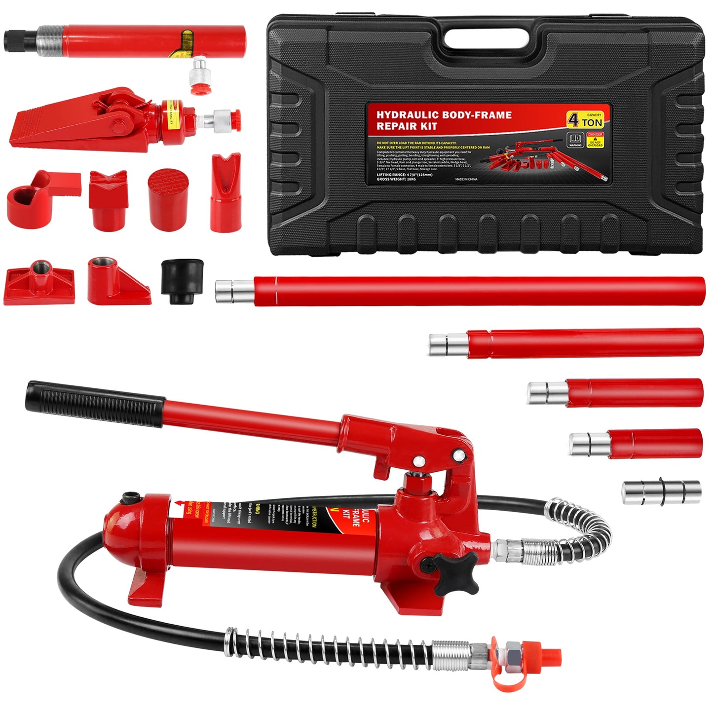 POVANLI 4 Ton Porta Power Kit, Portable Hydraulic Jack with Oil Hose, Car Frame Repair Tool with Storage Case for Automotive, Heavy Equipment, Mechanic