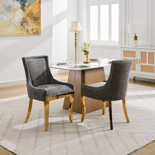 GAKMCIL Chenille Dining Chairs, Ultra Side Dining Room Chairs, Curved Gold - Plated Legs & Rivet Trim, Upholstered Comfort, Textured Fabric & One - Piece Structure, Gray (Set of 2)