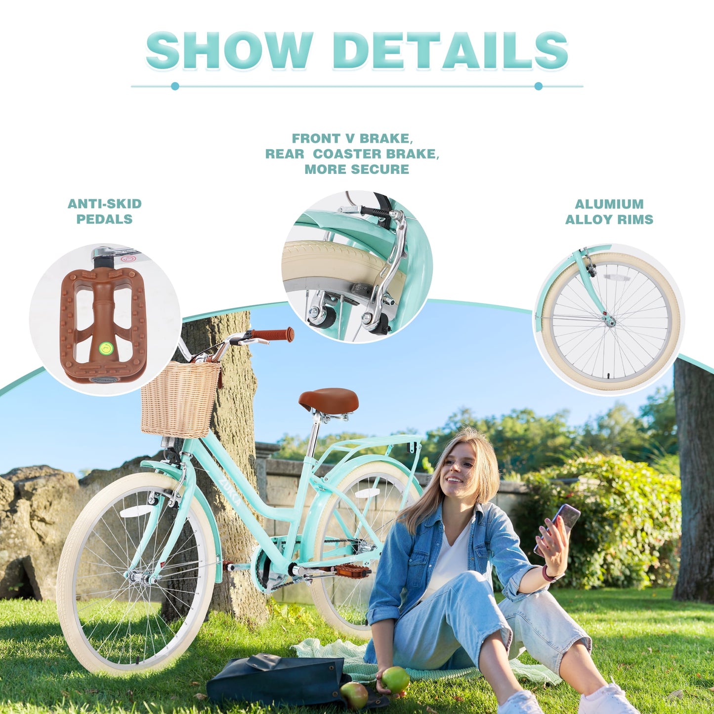 POVANLI 24" Girl Bike for 10+Years Old, Steel Frame Bike,Girls Bike with Basket Mint Green