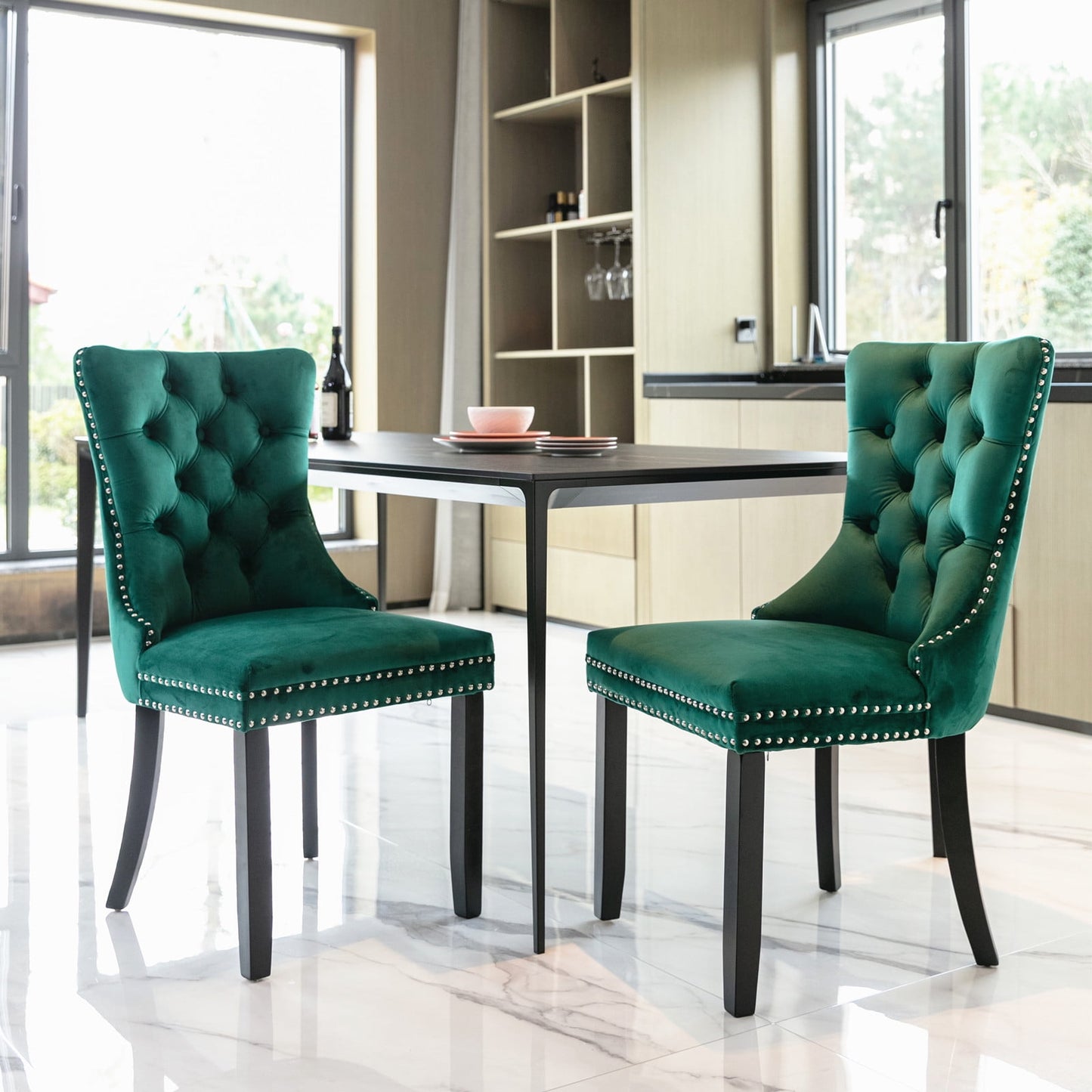 POWANLI Velvet Dining Chairs Set of 2,Upholstered Dining Chairs with Wood Legs Nailhead Trim,High-end Tufted Solid Wood Contemporary Dining Table Set for Living Room,Bedroom, Kitchen Green