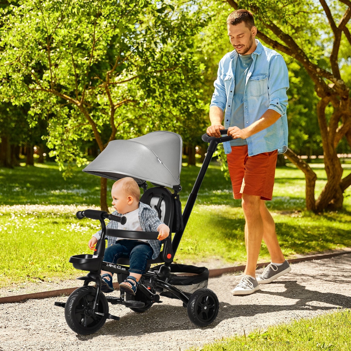 Baby Tricycle 4 In 1 Trike w/ Reversible Angle Adjustable Seat Removable Handle Canopy Handrail Belt Storage Footrest Brake Clutch for 1-5 Years Old Grey